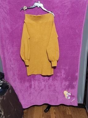 Off-Shoulder Long Sleeve Knit Dress in Mustard Yellow